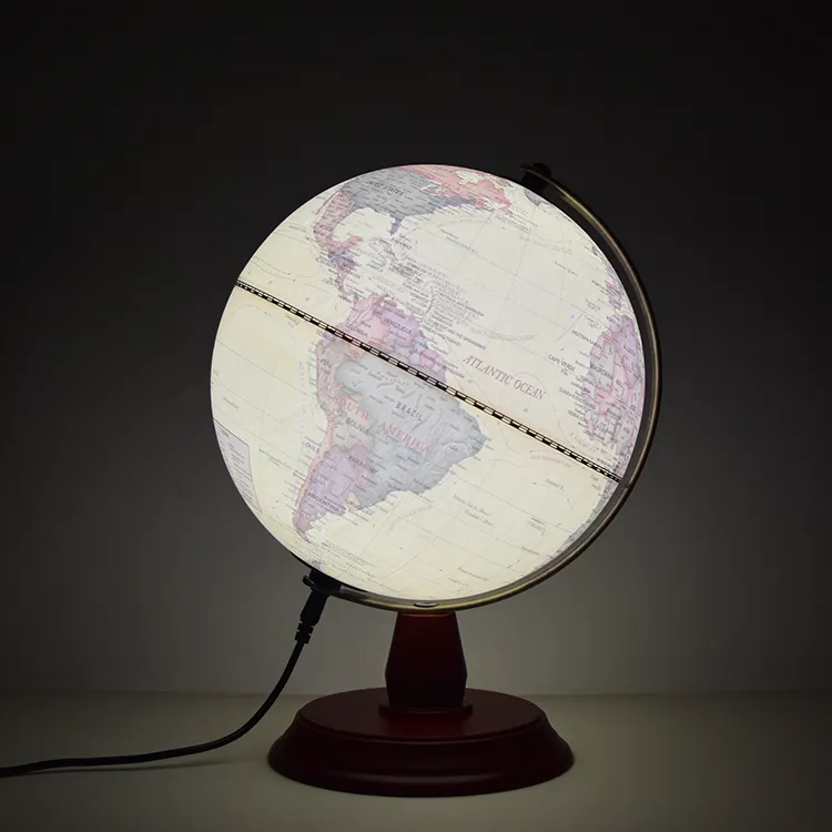 20cm (8") Illuminated Antique World Globe with Wood Base & Metal Meridian - World Globe